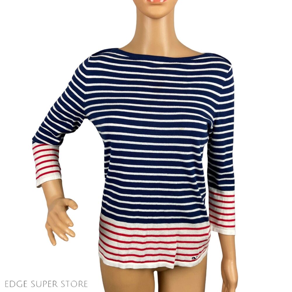 Vineyard Vines Red White Blue Striped Boat Neck Nautical 3/4 Sleeve Top Size XS